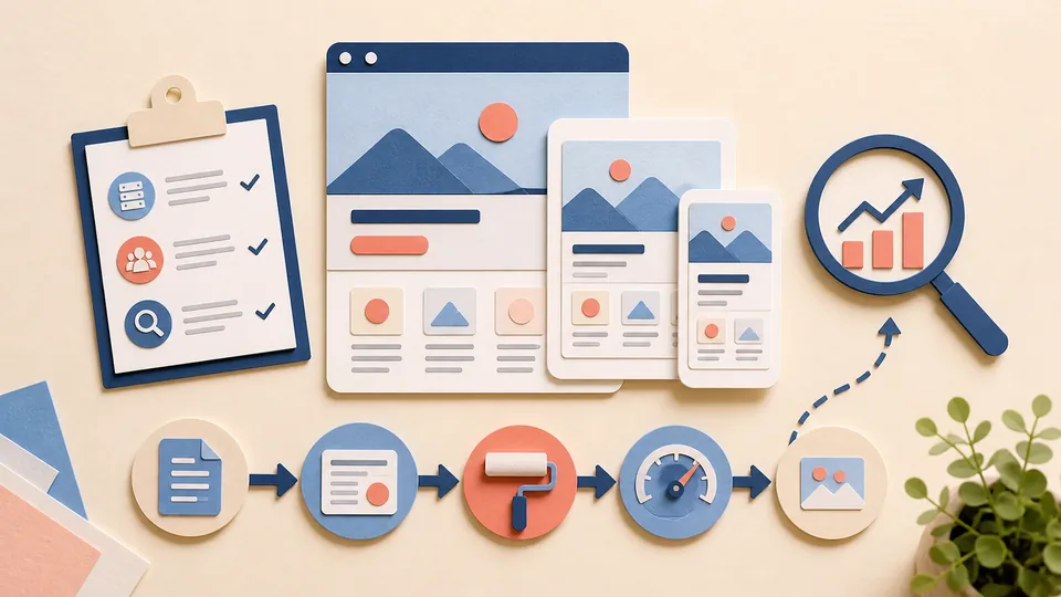 Helle Papercraft-Illustration zum Ratgeber Webdesign-Relaunch mit SEO