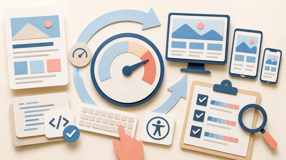 Helle Papercraft-Illustration zum Ratgeber Webperformance im Designprozess