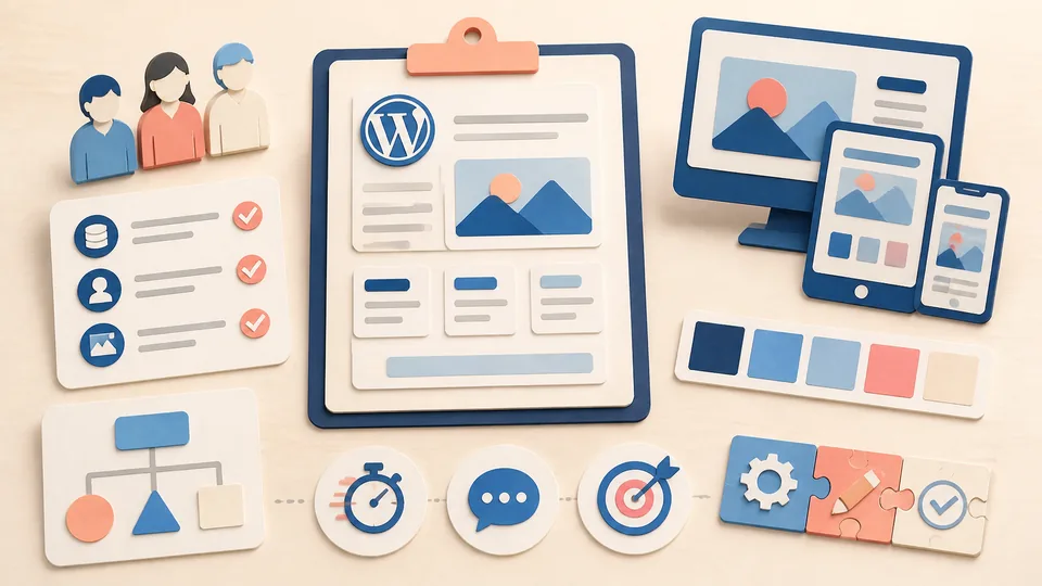Helle Papercraft-Illustration zum Ratgeber WordPress-Webdesign planen