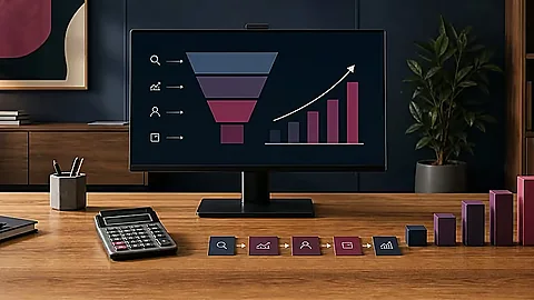Conversion-Trichter und steigendes Balkendiagramm auf einem Arbeitsplatzmonitor