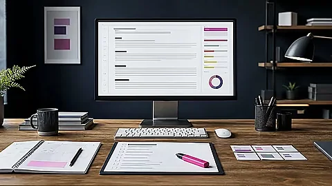 Redaktioneller Arbeitsplatz mit einer Inhaltsanalyse auf dem Monitor