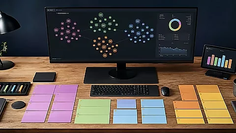 Keyword-Cluster und Suchtrend-Diagramme auf Monitoren über einem Analysearbeitsplatz