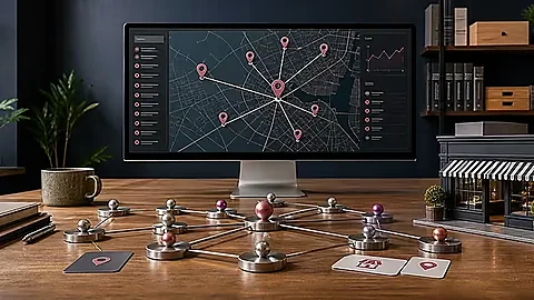 Kartenanalyse mit Standortmarkierungen, Verbindungen und einem lokalen Geschäft