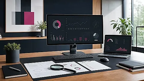 SEO-Dashboards auf einem großen Monitor und einem Laptop an einem modernen Arbeitsplatz